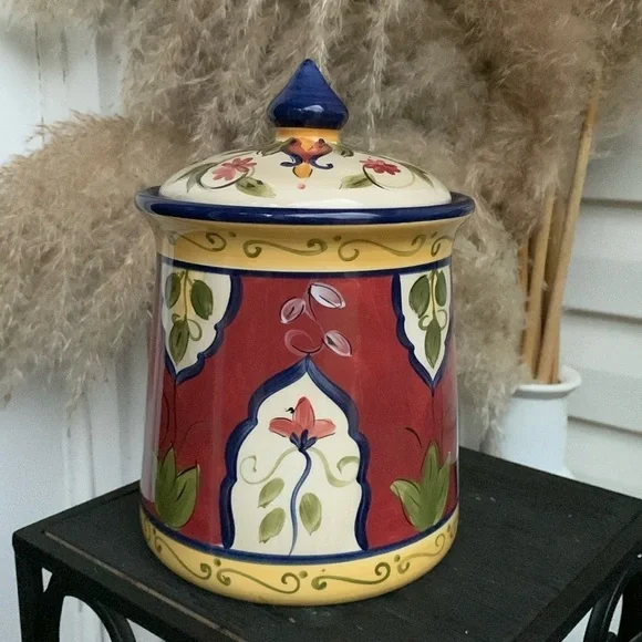 Pier 1‎ Vallarta Cookie Jar Canister Hand Painted Floral ceramic food storage