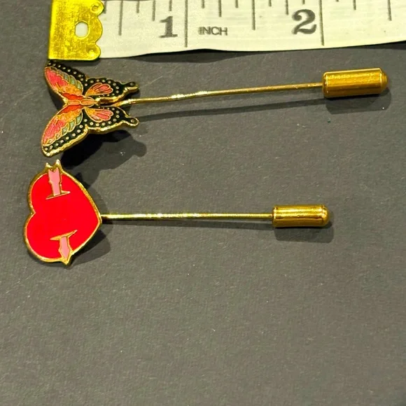Vintage Enamel Stick Pins – Butterfly & Heart with Arrow‎ – Gold Tone Lapel Pins