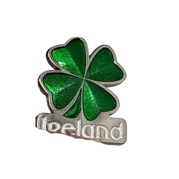 Ireland Four Leaf Clover Shamrock Green‎ Enamel Silver Tone Souvenir Lapel Pin