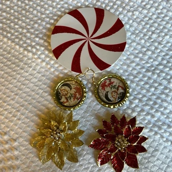 Christmas pins and handmade earrings. Two pins.