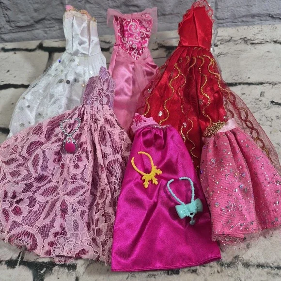 Barbie Doll Clothes Fancy Princess Gowns Shimmer Skirt Necklace Tiara Crown Lot