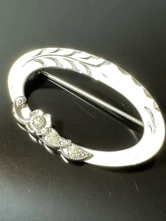 Vintage THEDA Sterling Silver Floral Brooch - Engraved Oval Frame - CZ Accents