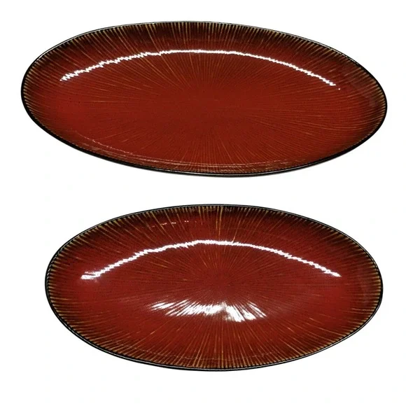 Pier‎ 1 Stoneware Oval Serving Platters Set of 2 Burnt Orange Sunburst 15