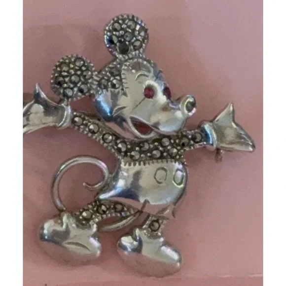 Vintage Mickey Mouse Brooch – Sterling Silver Marcasite‎ & Pink Stone Eyes