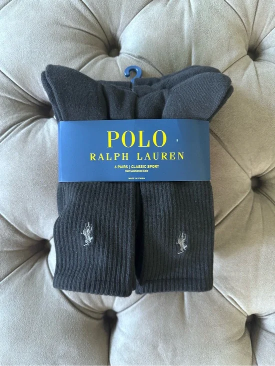 NWT Polo Ralph Lauren Men’s Black Classic Sport Crew Socks 6 Pack Half Cushion