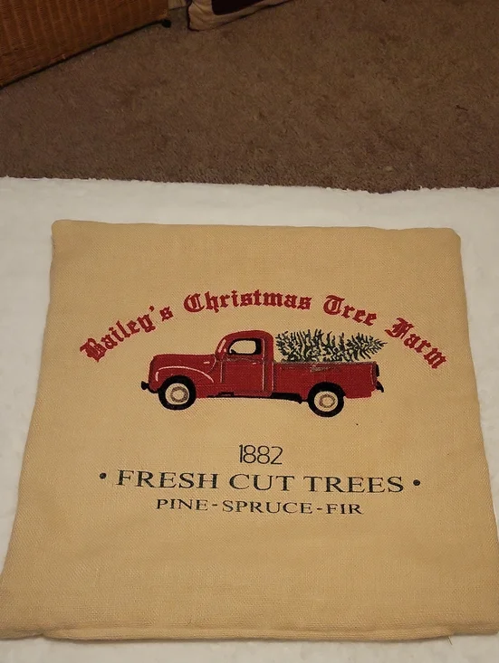 Bailey's Christmas Tree Farm Red Truck Decorative Pillow Cover 20  x 20 Inches
