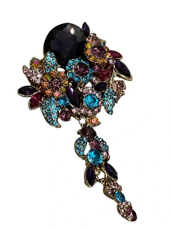 Multicolor Crystal Floral Drop Brooch - Women Jewelry