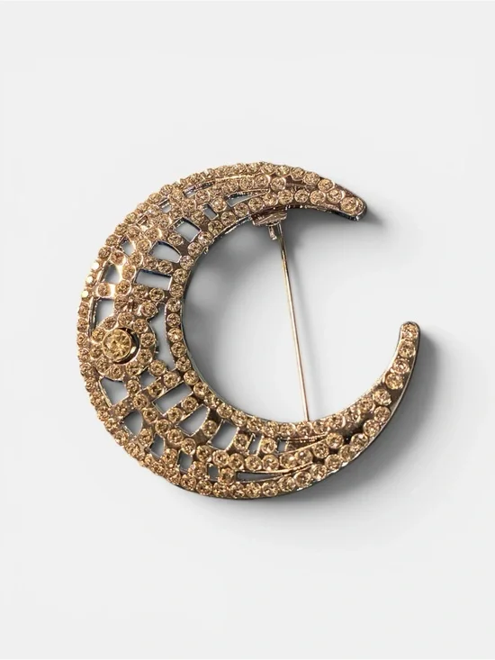 Silver Crystal Crescent Moon Brooch - Women's Jewelry