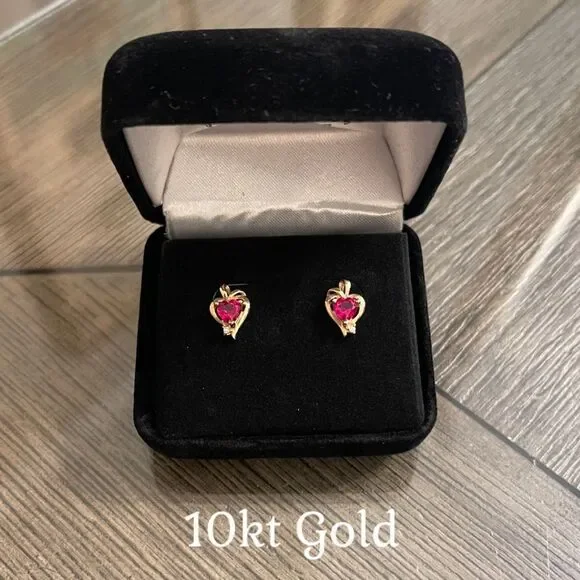 10kt Gold Simulated Red Gem Heart Shaped Earrings Stud - Post Earrings