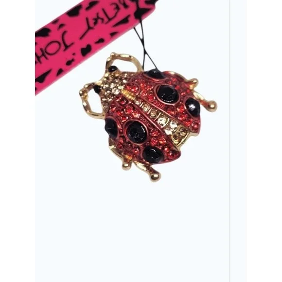 Betsey Johnson Red Crystal Ladybug Brooch Pin Gold Tone Pave Rhinestone New