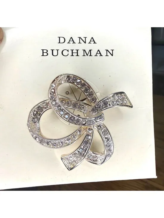 Dana Buchman Brooch Pin Crystal Bow Ribbon Elegant High Glam Silver Tone NEW