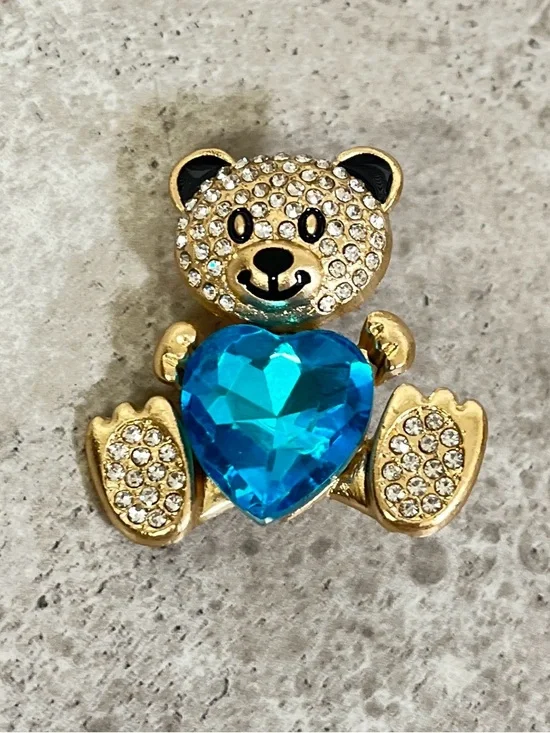 Teddy Bear Brooch NIP with Blue Heart Gem,rhinestones on gold tone base
