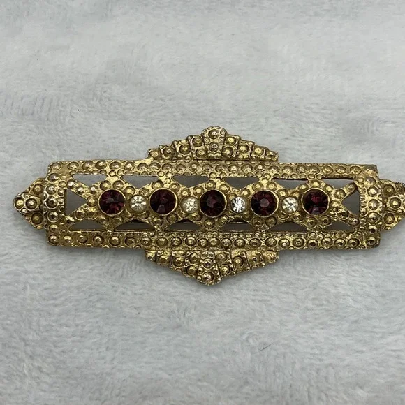 Art Deco Clear Red Rhinestones Bar Brooch Gold Tone Great Gatsby Flapper Glamour