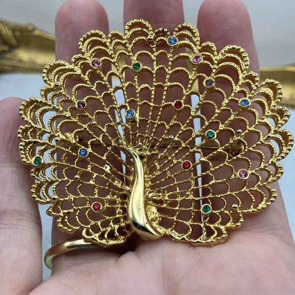 Large Gold Tone Colorful Crystal Peacock Brooch Statement Maximalist Coat Pin
