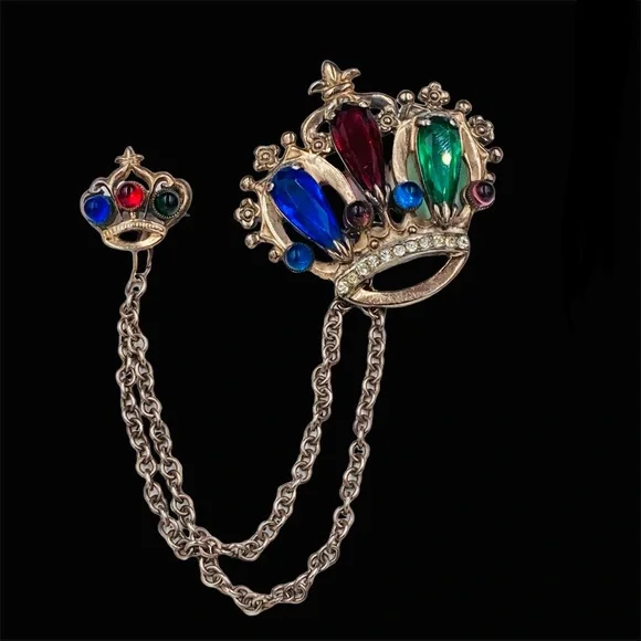 Sterling Silver 1940’s Double Crown Chatelaine Brooch