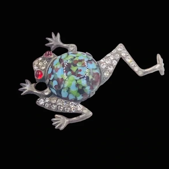 Mazer Sterling Art Glass Belly and Rhinestone Leaping Frog Brooch