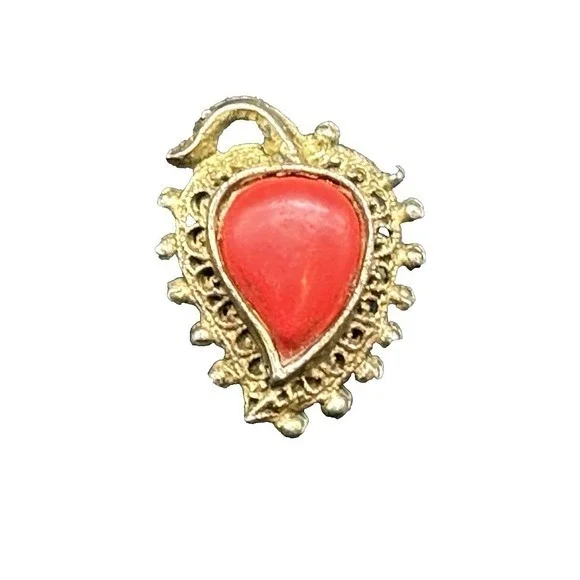 VINTAGE BRONZE Teardrop Fruit Clip Pin RED STONE Coral‎