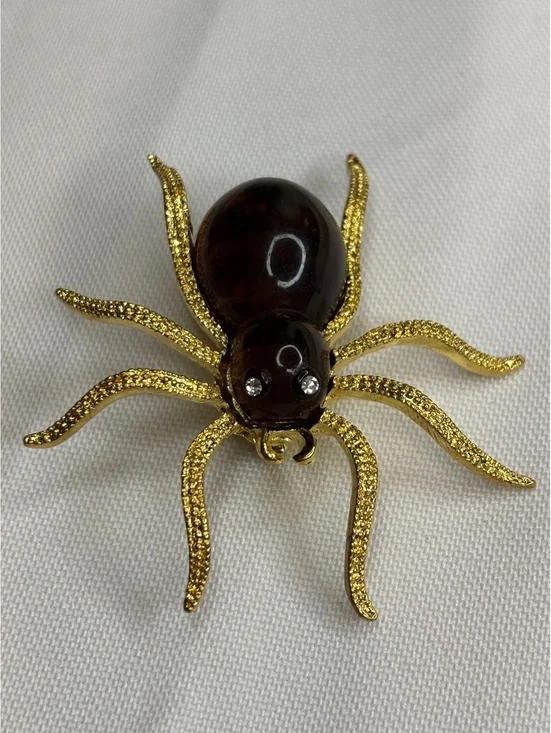Vintage Lucite Spider Brooch with Gold Tone Legs and Rhinestone Eyes