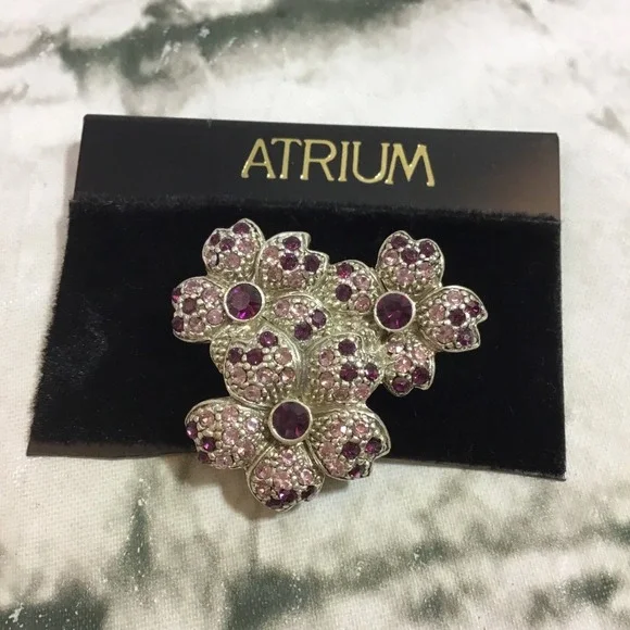 Atrium Pin Brooch Silver‎ Toned Flowers W Purple Rhinestones Vintage Victorian