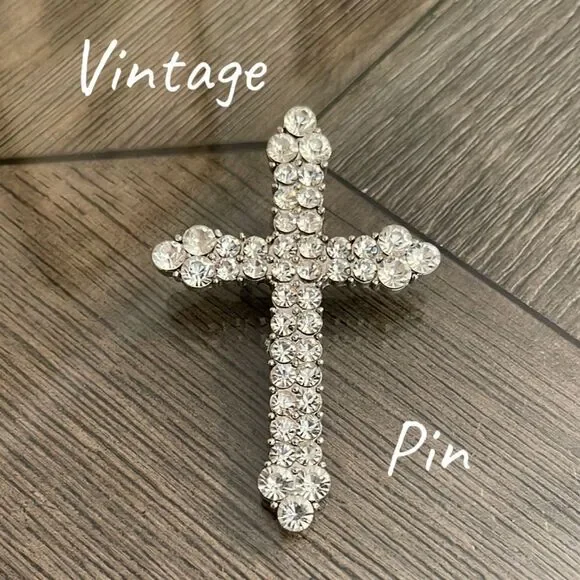 Vintage Style Large Rhinestone Cross Pin Crystal Cross Brooch
