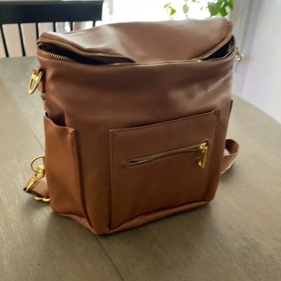 Brown Faux Leather Women's Backpack with Front Zip Pocket
