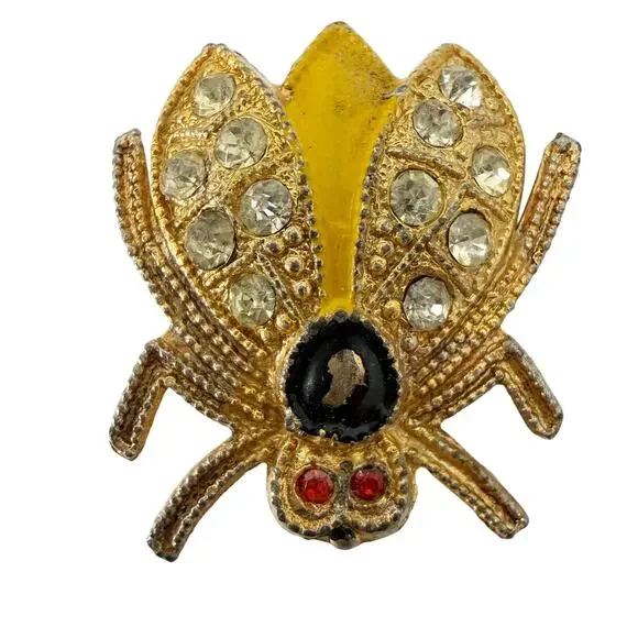 vintage gold yellow black enamel Flying Insect Brooch jewelry pin rhinestones