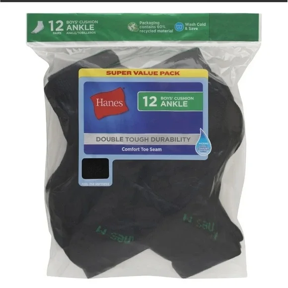 Hanes Boys' Cushioned Ankle Socks 12-Pack - Black -‎ Sz Medium 9- 2.5