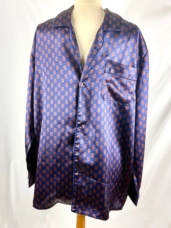 1990s Vintage 1 London Mens Pajama Set XL Navy Blue Satin PJs Long Sleeves Legs