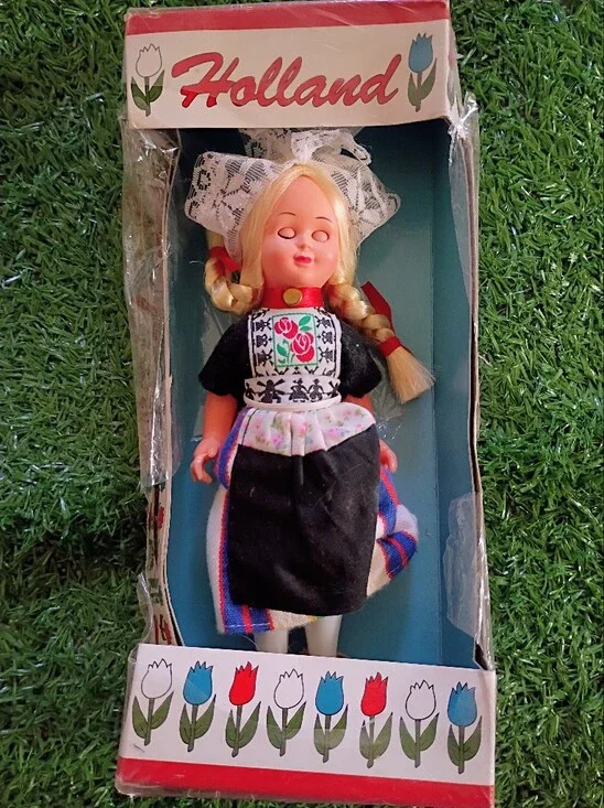 Traditional Girls' Doll in Black and White Folk Dress-vintage