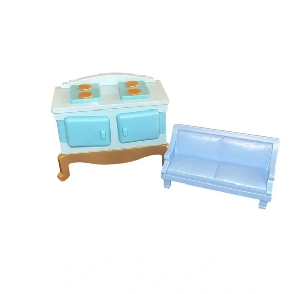 Blue plastic dollhouse furniture lot oven stove couch sofa