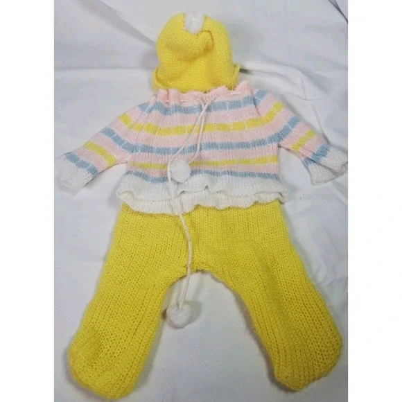 Vintage Hand Knit Doll Outfit Hat Sweater Footed Pants Baby Doll Pink Yellow Pom