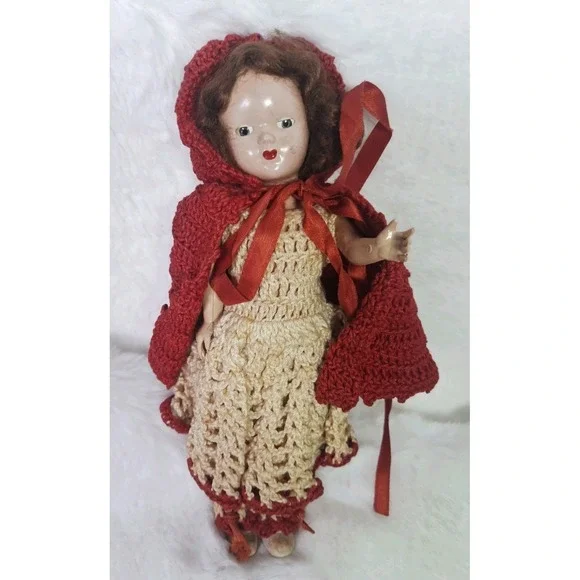 VTG Little Red Riding Hood Doll & Crochet Handmade Crochet Cape Dress Pants RARE