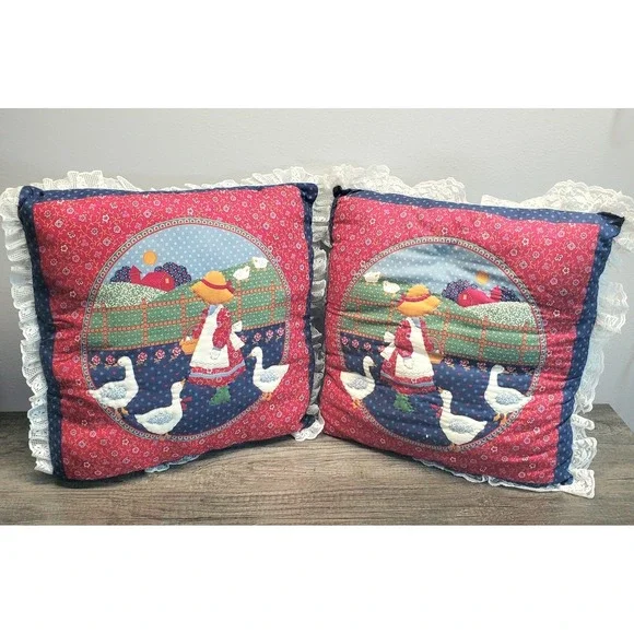 Vintage Throw Pillow Set Girl Feeding Ducks Geese Holly Hobbie Style Cottagecore