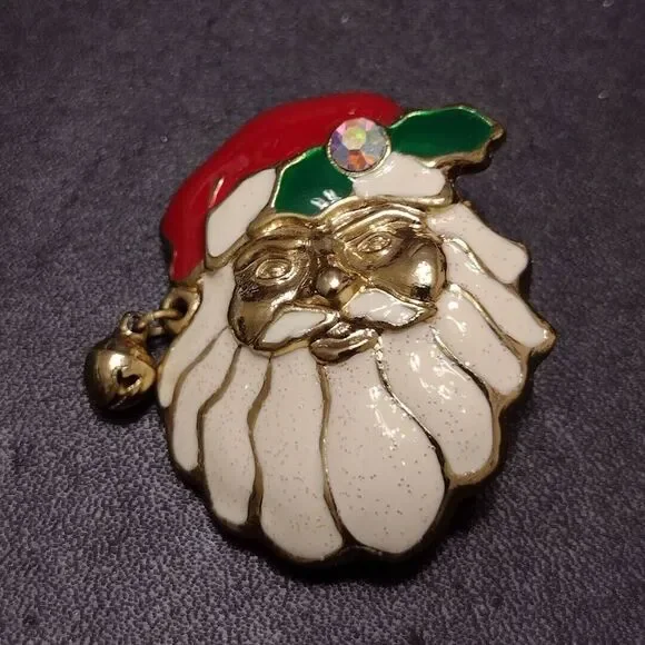 Vintage gold tone Santa brooch red green white rhinestone