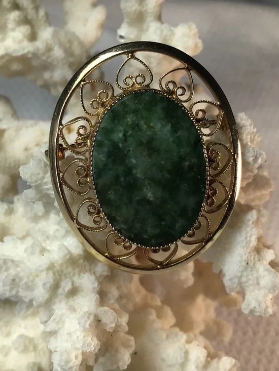 Vintage Designer Signed Catamore 1/20 12K Gold Filled Green Gemstone Pin Brooch