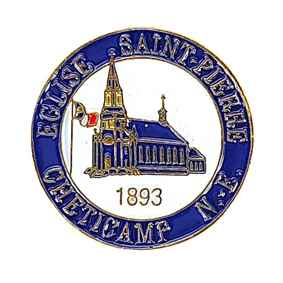Vintage Eglise Saint-Pierre Cheticamp N. E. Gold Tone Blue Enamel Lapel Pin