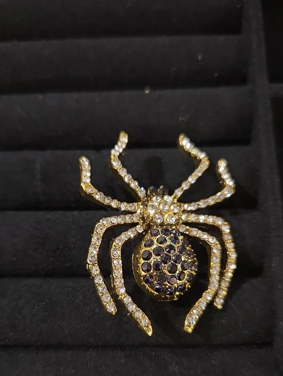 Gold and Black Rhinestone Spider Brooch - Women's Fashion Jewelry