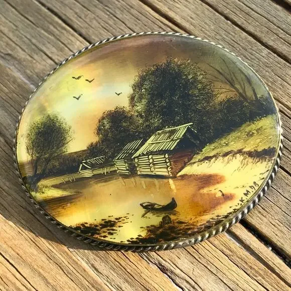 Artist Signed Vintage Hand Painted Mother Of Pearl Scenic Brooch (K.M. '98)