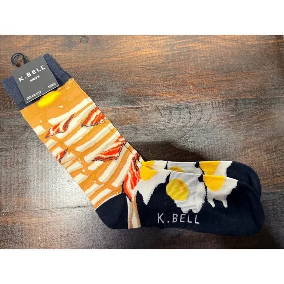 K.Bell Men's Crew Socks Breakfast Bacon Eggs‎ Fun Novelty Sz 10-13 Black