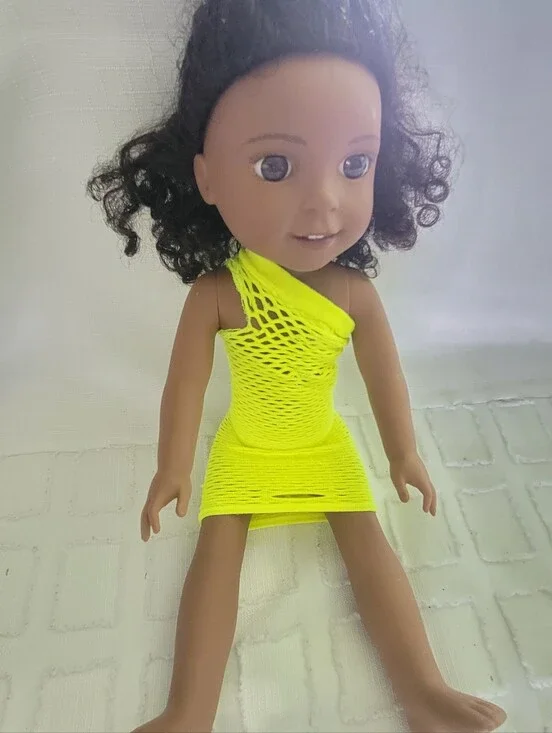 American Girl Doll in Neon Yellow One-Shoulder Mesh Dress
