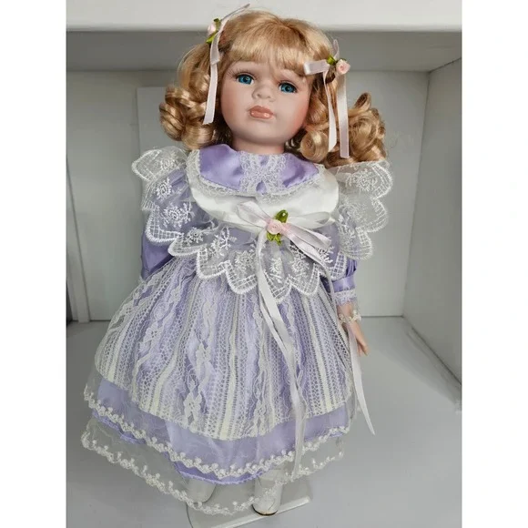 Vintage‎ Porcelain Doll Blonde Hair Blue Eyes Curls w Stand 14