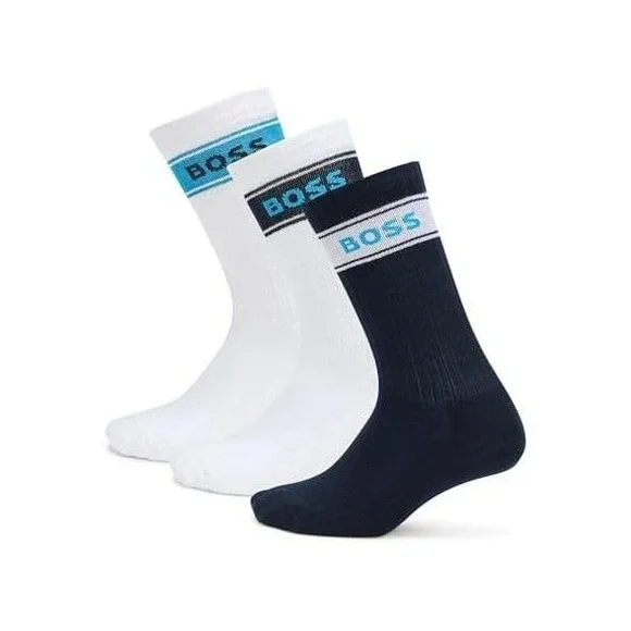BOSS Hugo‎ Boss Mens 3-Pack  Socks White Navy Logo Stripe Athletic