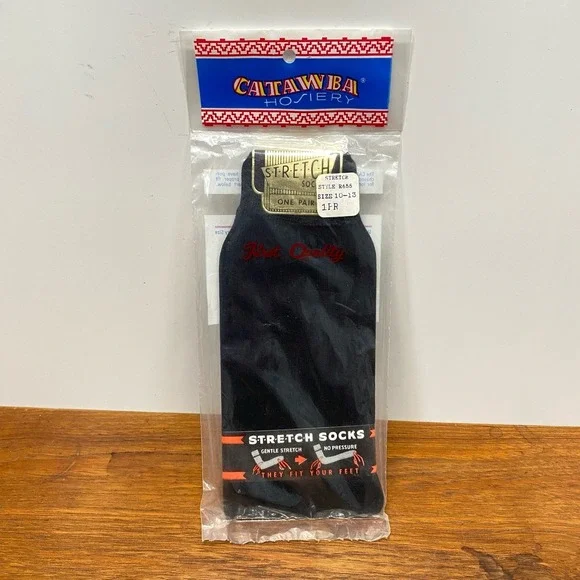 NOS Catawba Hosiery Stretch Socks Black One Pair 100% Nylon 9.5 to 13 USA Sealed