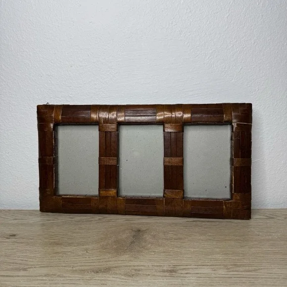 Pier‎ 1 3 Photograph Slots 4x6 Wall Frame Brown Woven Rattan Wood Boho Coastal