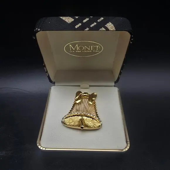 Monet Gold Tone Bell Brooch Christmas Vintage NOS In Box
