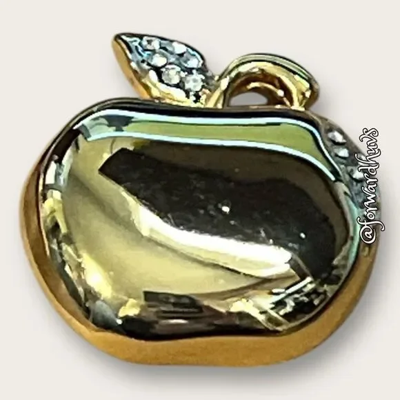Gold Tone Apple Brooch With Rhinestone Embellishment