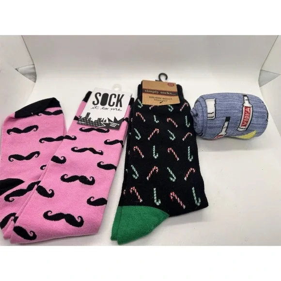 Novelty Socks Lot Mustache Candy Cane Vodka Shots Lemon Fun Crew Ankle Socks