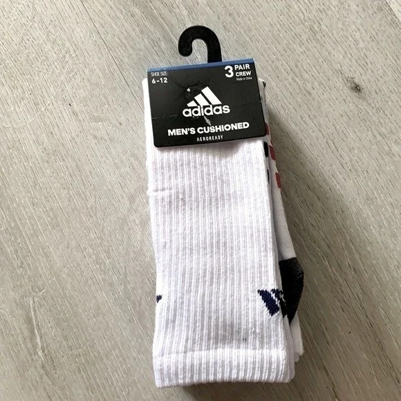 Adidas Mens Cushioned Crew Socks‎ 3 Pair Pack Aeroready White Stripe Size 6-12