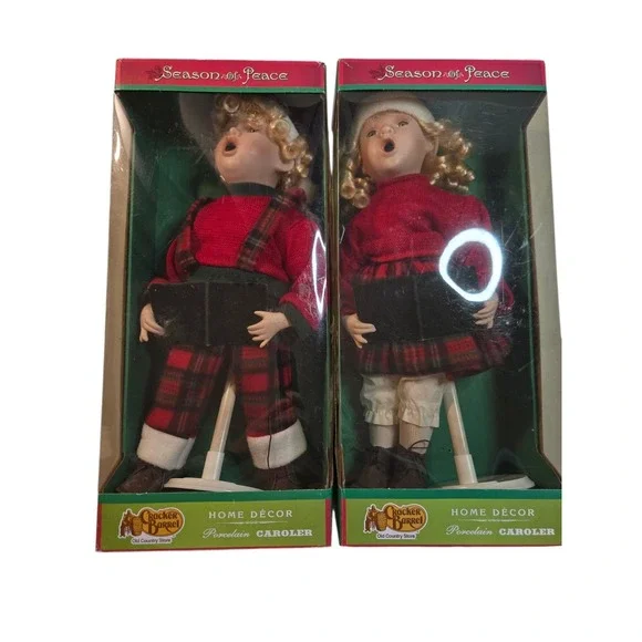 VINTAGE CRACKER BARREL ORIGINAL LOGO BISQUE BOY & GIRL DOLL CHRISTMAS CAROLERS