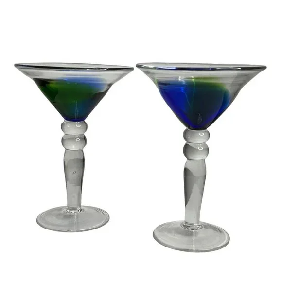 Hand Blown Blue Green Art Swirl Martini Bar  Modern Cocktail‎ Glasses Stemware